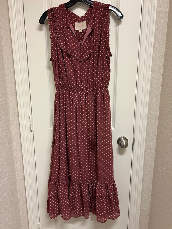 Moon River Dresses & Skirts - Moon River Midi Mauve Polka Dot Dress Tired Ruffle Cottage Accents - Size Med